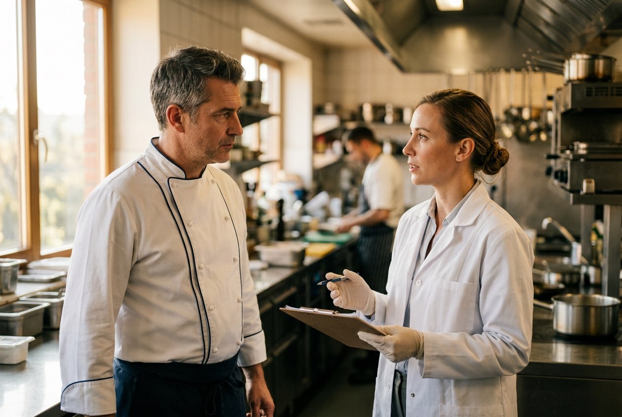Chef et technicienne de laboratoire en cuisine professionnelle
